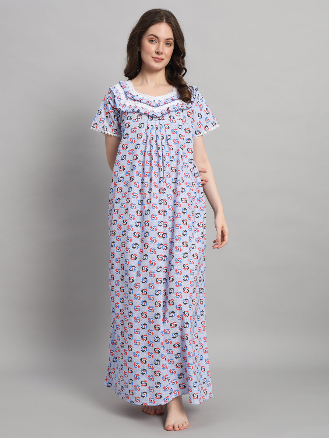 White Printed Cotton Night Gown with Lace Neck – Comfortable Maxi Nightwear for Women