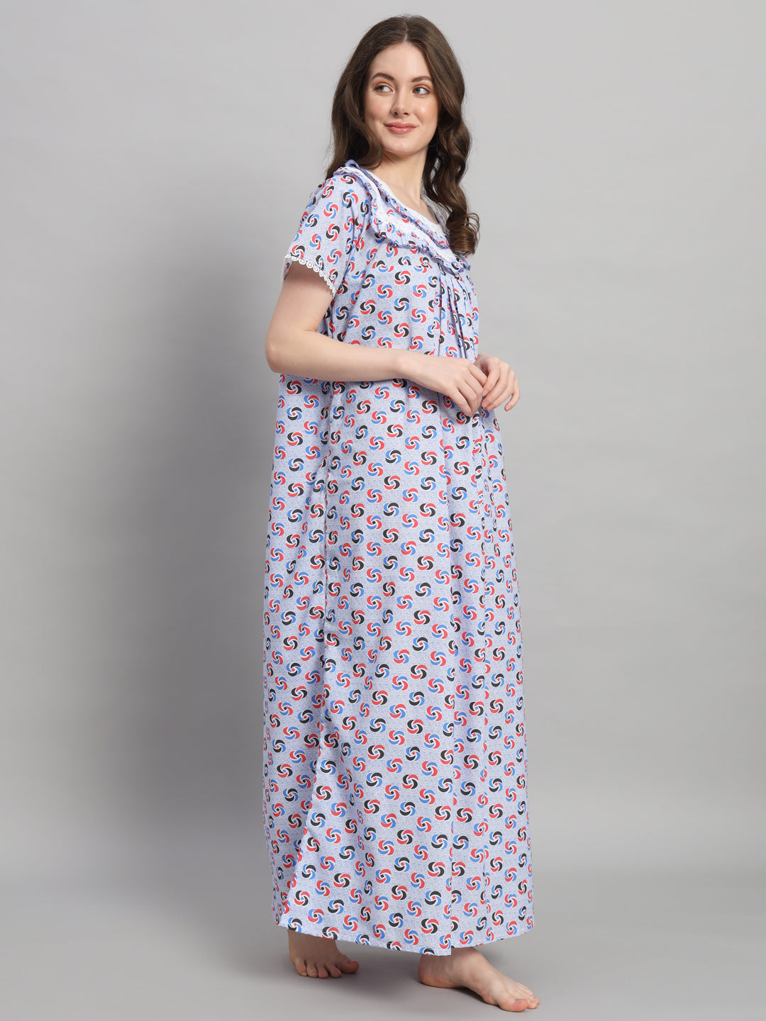 White Printed Cotton Night Gown with Lace Neck – Comfortable Maxi Nightwear for Women