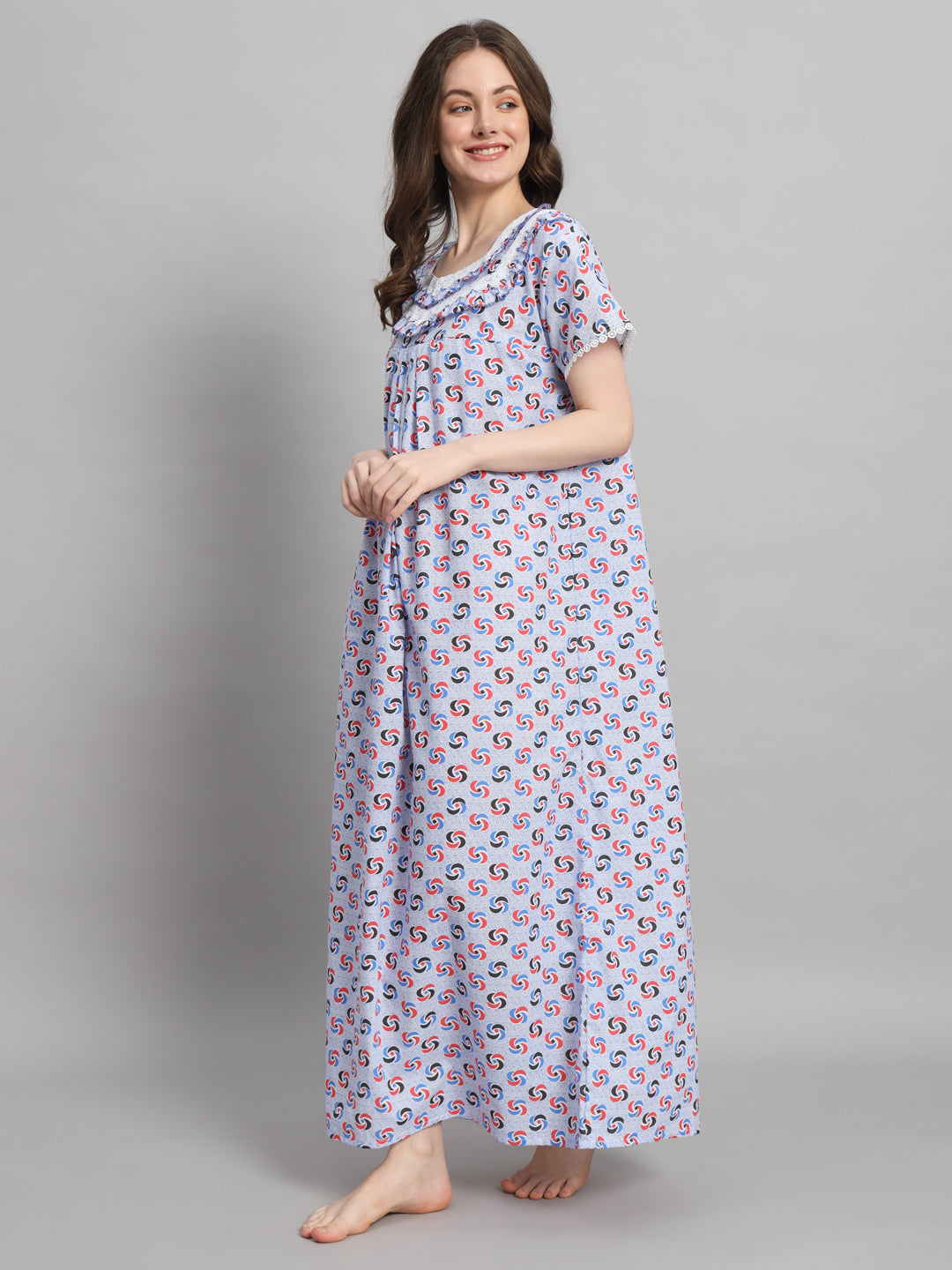 White Printed Cotton Night Gown with Lace Neck – Comfortable Maxi Nightwear for Women