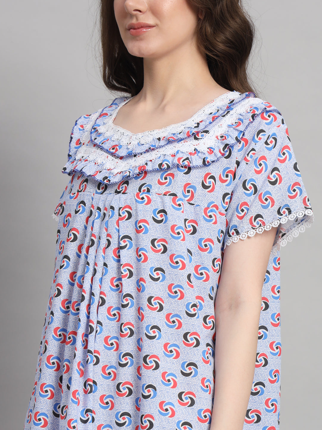 White Printed Cotton Night Gown with Lace Neck – Comfortable Maxi Nightwear for Women