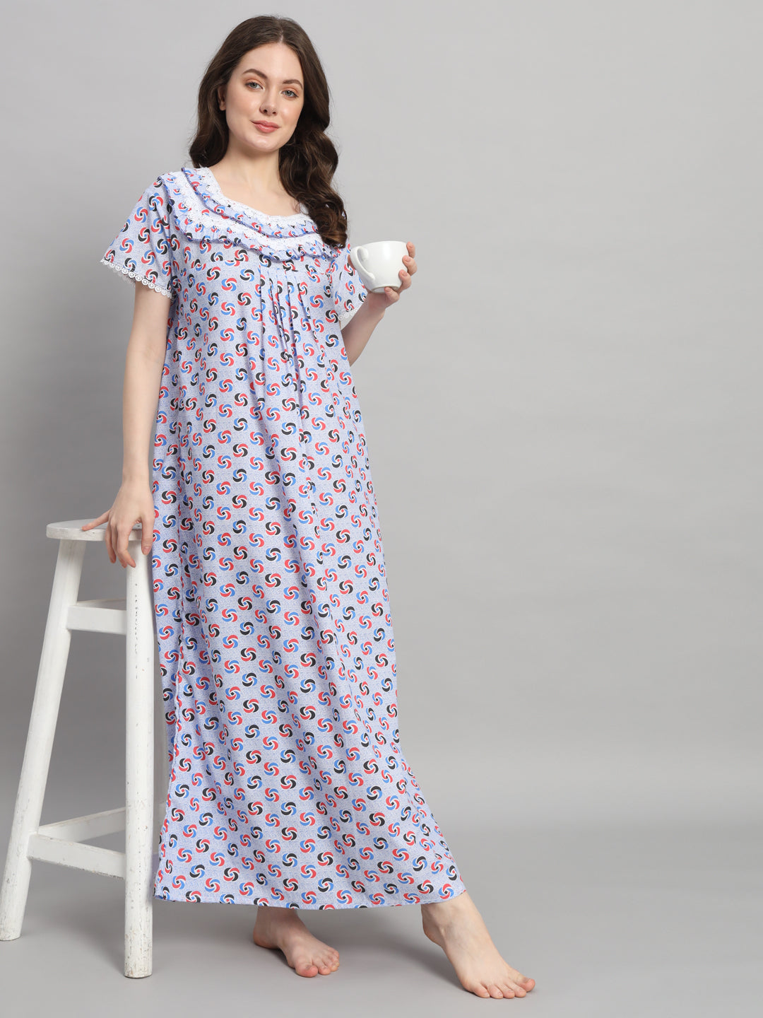 White Printed Cotton Night Gown with Lace Neck – Comfortable Maxi Nightwear for Women