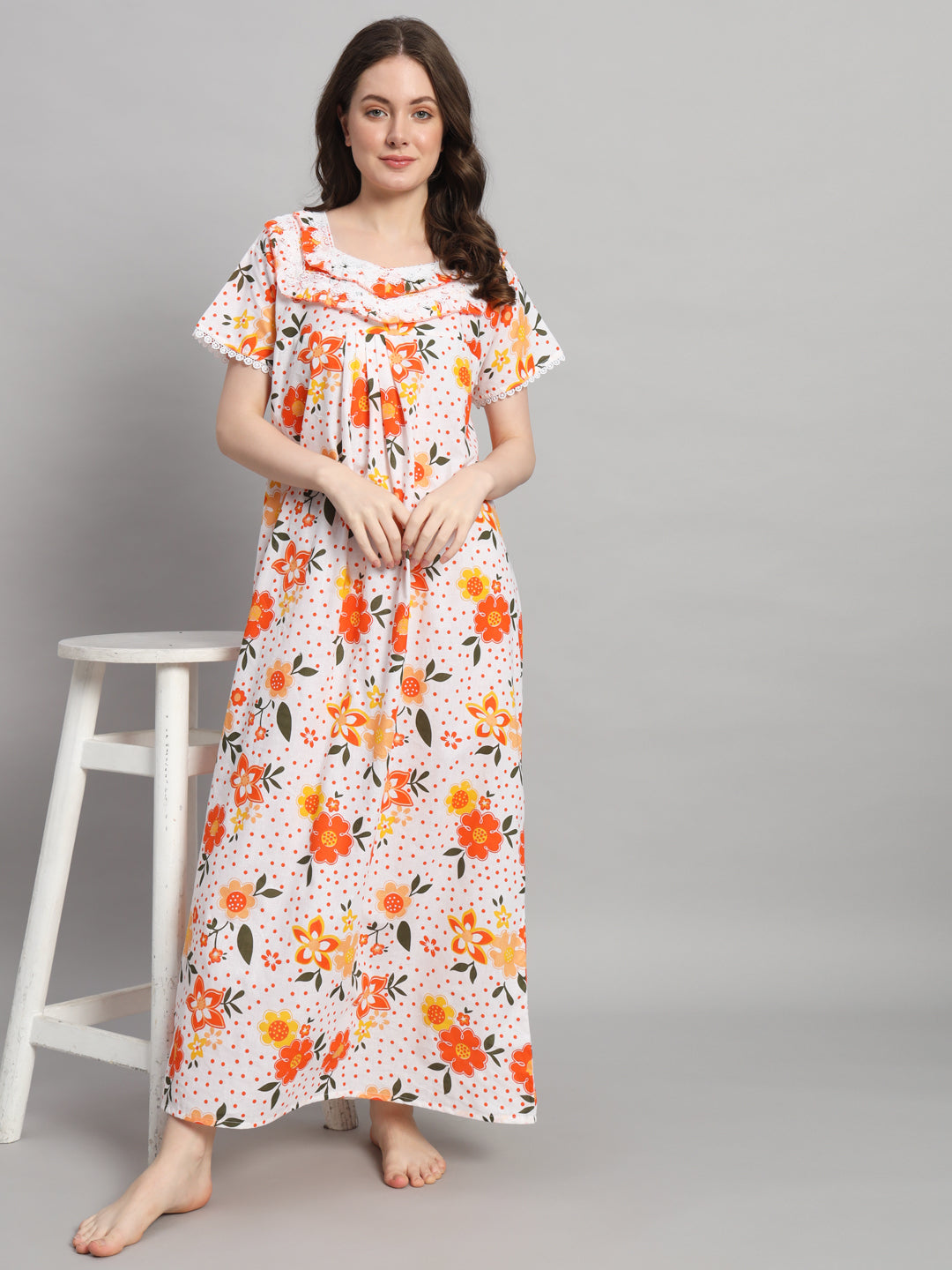 🌼 White & Orange Floral Printed Cotton Night Gown with Lace Neck – Comfortable Maxi Nightwear for Women