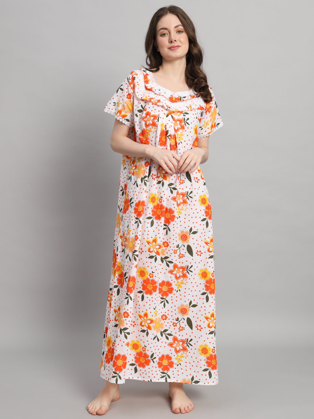 🌼 White & Orange Floral Printed Cotton Night Gown with Lace Neck – Comfortable Maxi Nightwear for Women
