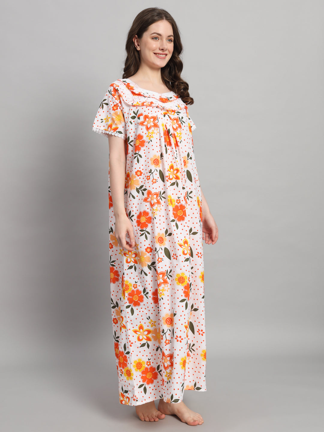 🌼 White & Orange Floral Printed Cotton Night Gown with Lace Neck – Comfortable Maxi Nightwear for Women