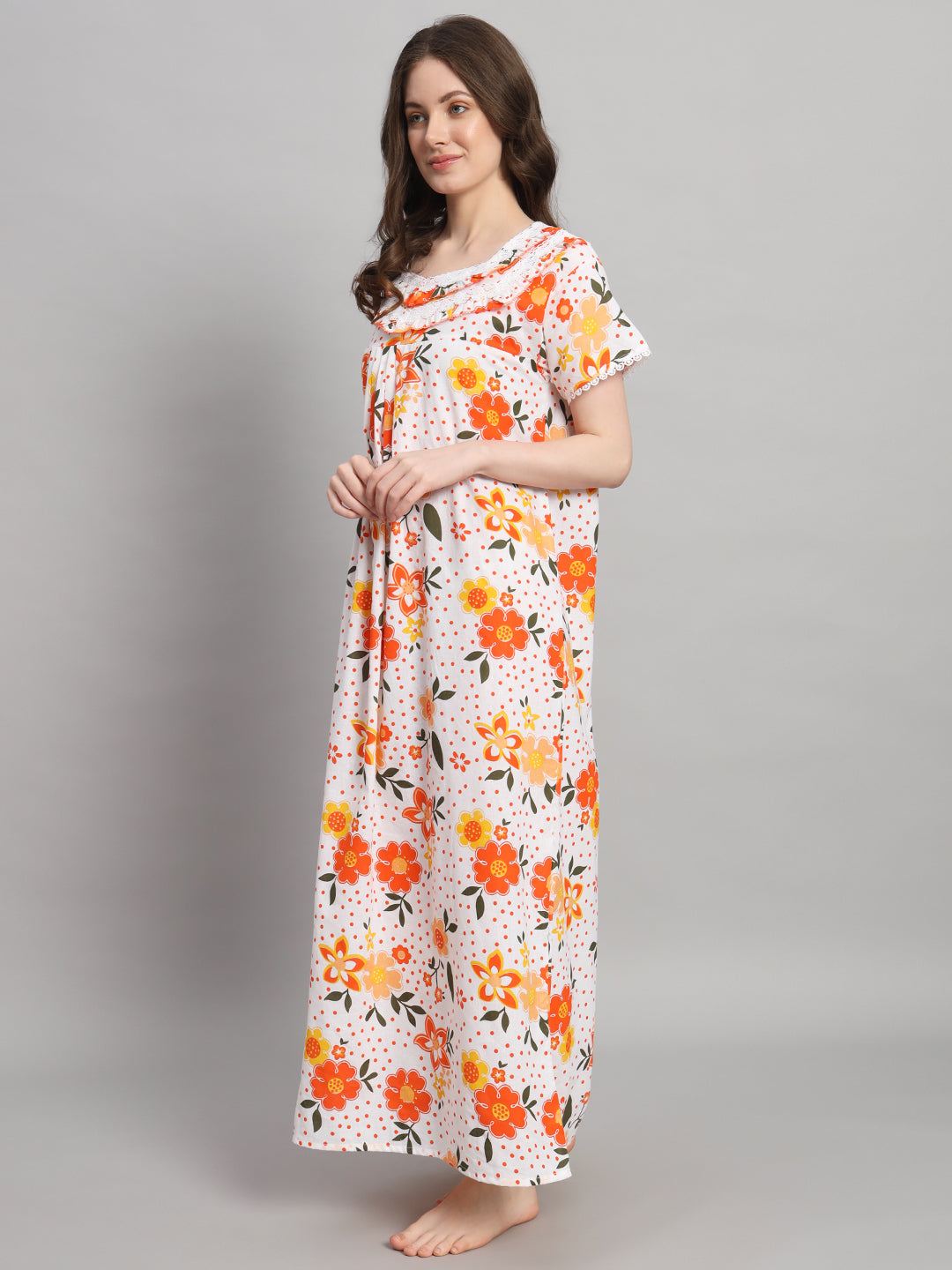 🌼 White & Orange Floral Printed Cotton Night Gown with Lace Neck – Comfortable Maxi Nightwear for Women