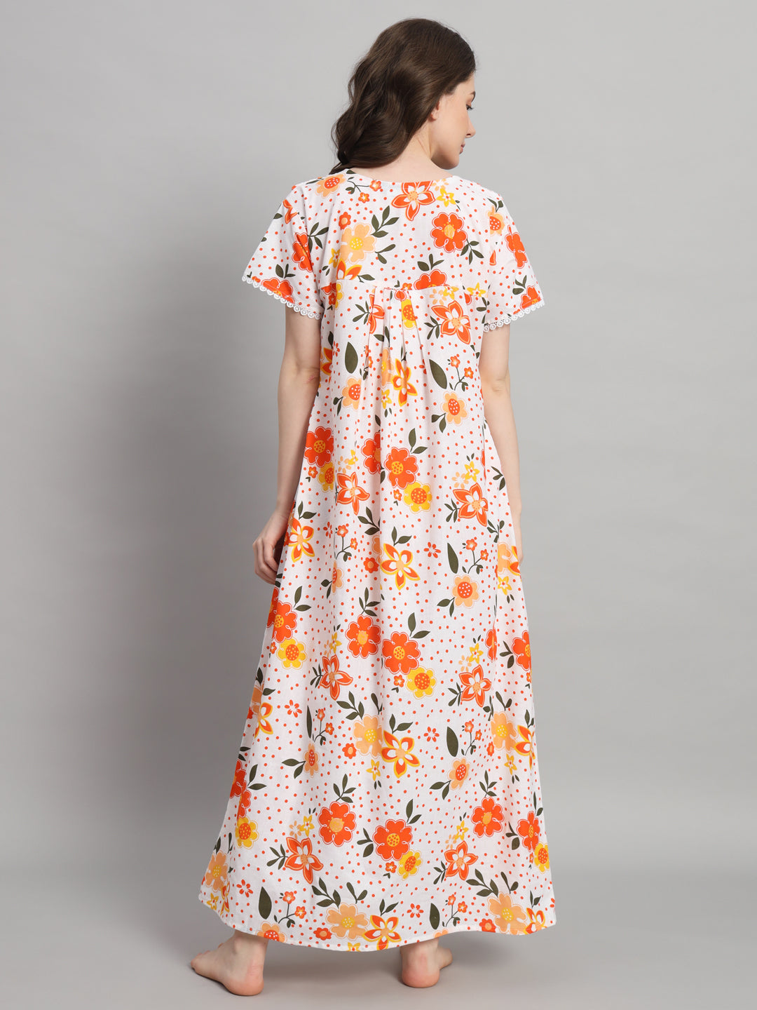 🌼 White & Orange Floral Printed Cotton Night Gown with Lace Neck – Comfortable Maxi Nightwear for Women