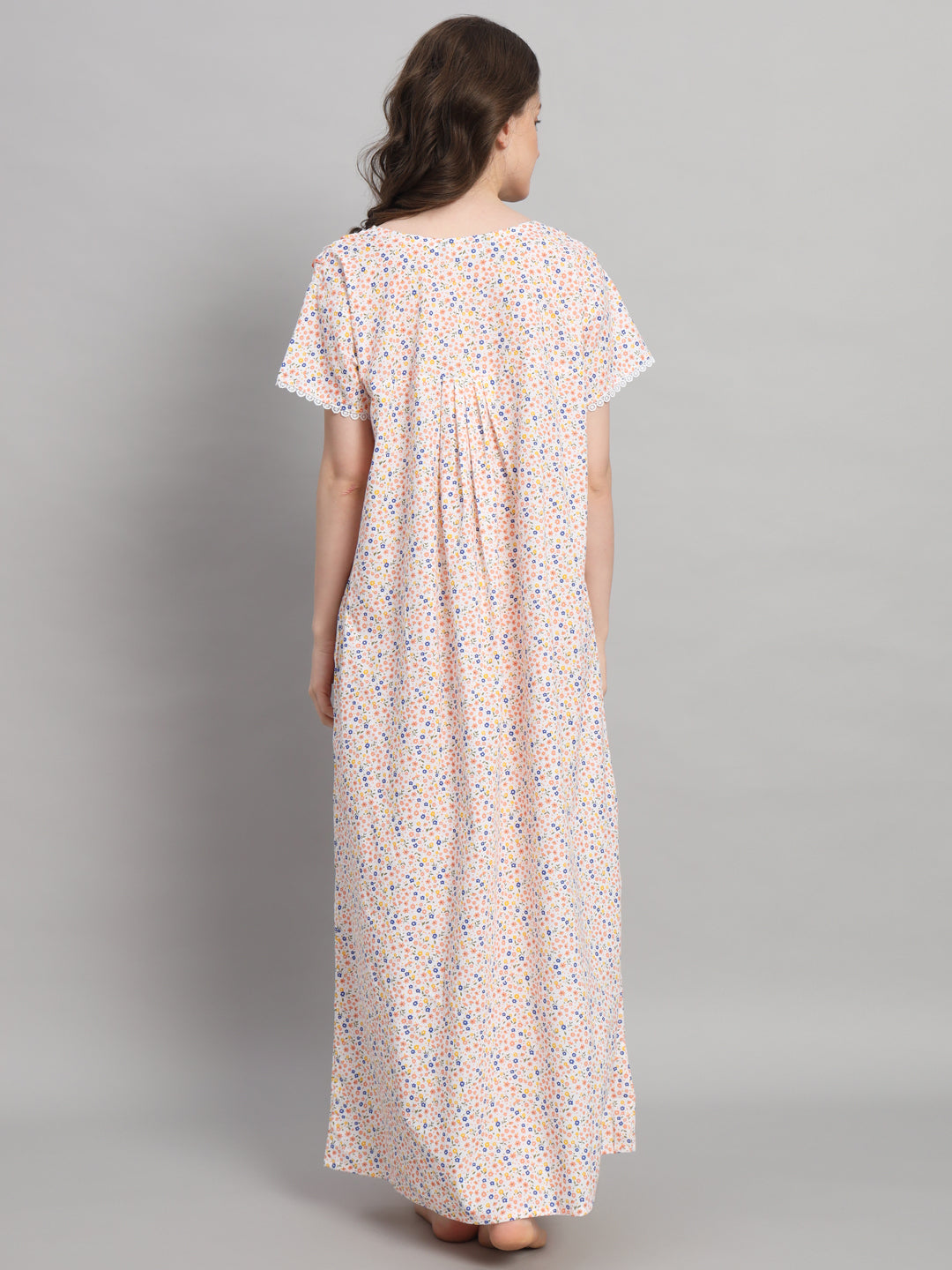 Cream Floral Printed Cotton Night Gown with Lace Neck – Comfortable Maxi Nightwear for Women
