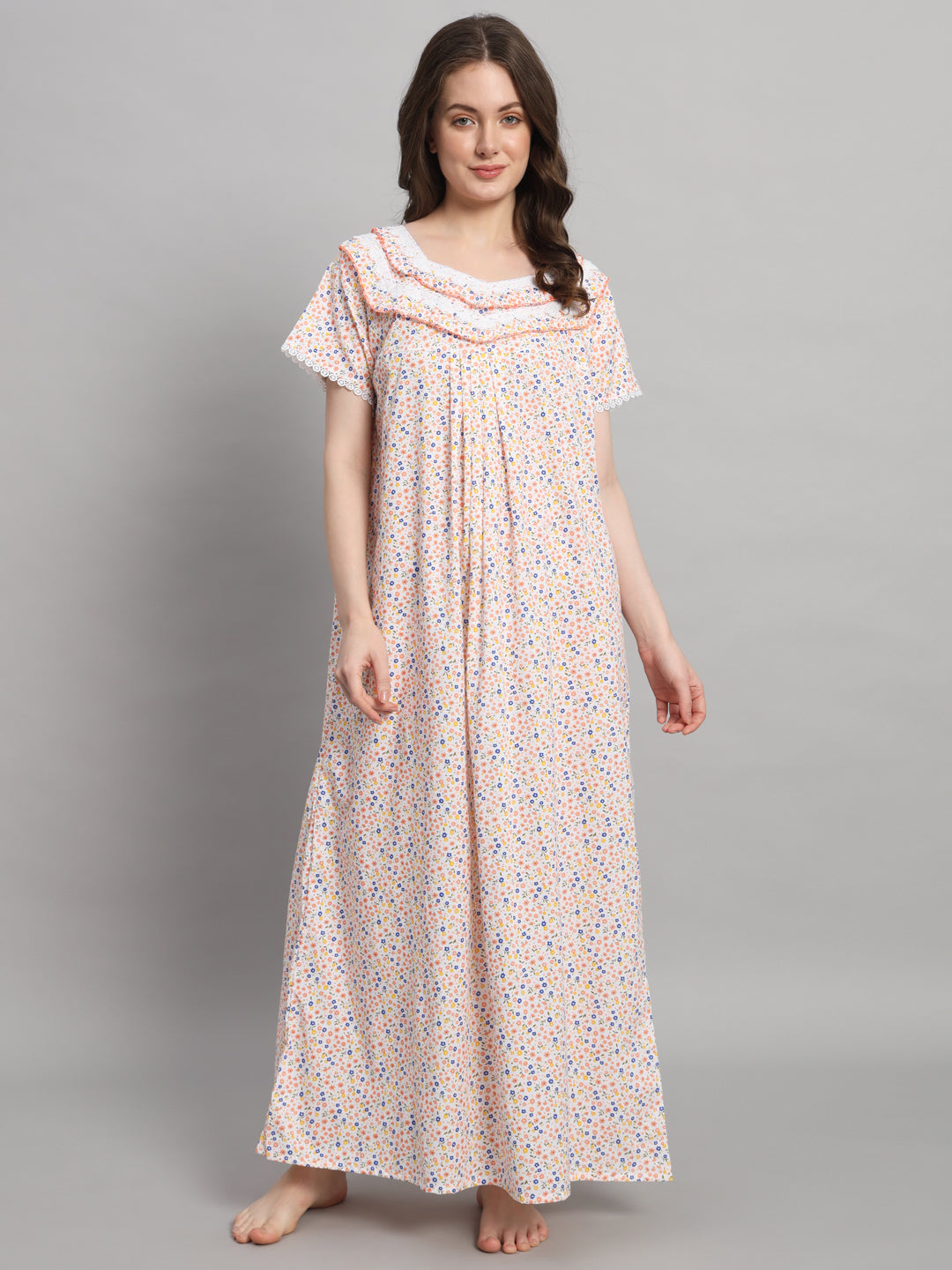 🌸 Cream Floral Printed Cotton Night Gown with Lace Neck – Comfortable Maxi Nightwear for Women