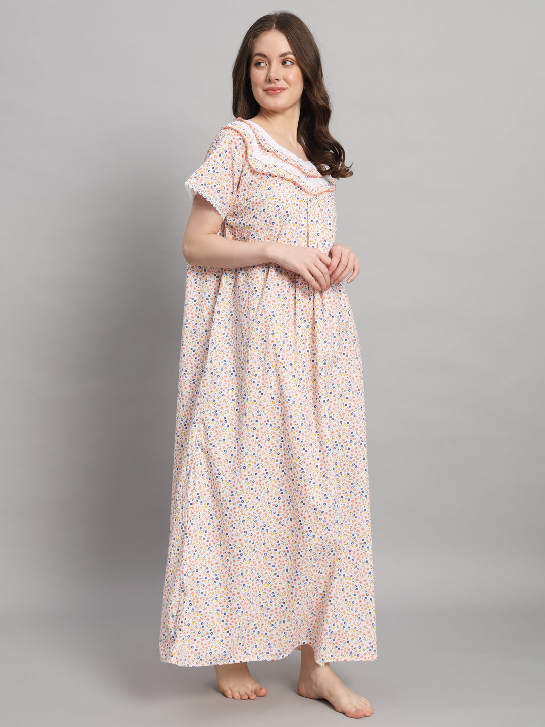 Cream Floral Printed Cotton Night Gown with Lace Neck – Comfortable Maxi Nightwear for Women