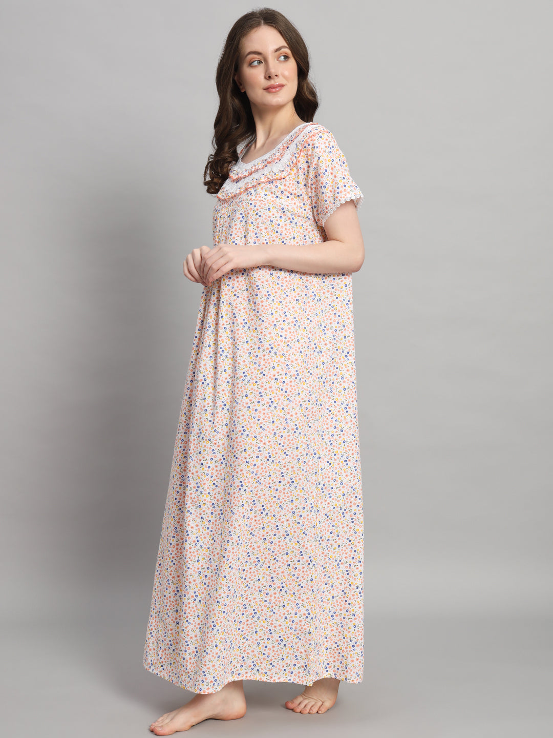 Cream Floral Printed Cotton Night Gown with Lace Neck – Comfortable Maxi Nightwear for Women