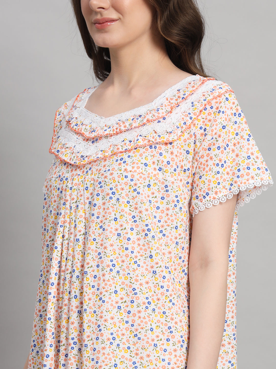 Cream Floral Printed Cotton Night Gown with Lace Neck – Comfortable Maxi Nightwear for Women