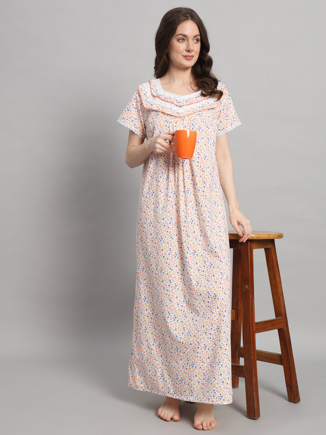 🌸 Cream Floral Printed Cotton Night Gown with Lace Neck – Comfortable Maxi Nightwear for Women