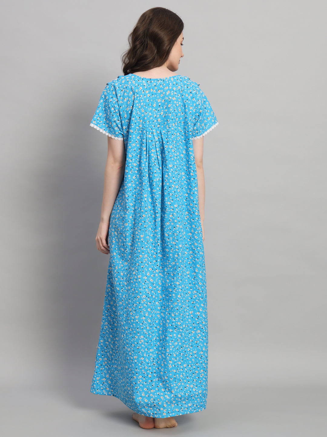 💙 Sky Blue Floral Printed Cotton Night Gown with Lace Neck – Comfortable Maxi Nightwear for Women