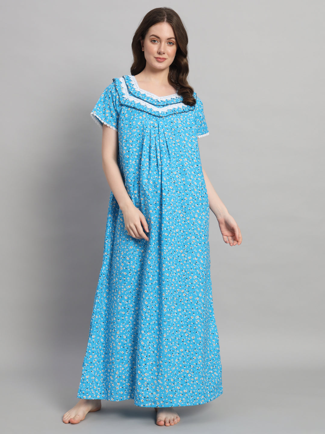 💙 Sky Blue Floral Printed Cotton Night Gown with Lace Neck – Comfortable Maxi Nightwear for Women
