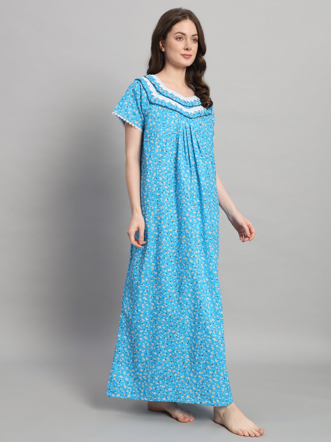 💙 Sky Blue Floral Printed Cotton Night Gown with Lace Neck – Comfortable Maxi Nightwear for Women