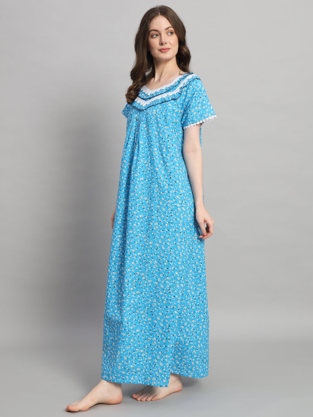 💙 Sky Blue Floral Printed Cotton Night Gown with Lace Neck – Comfortable Maxi Nightwear for Women