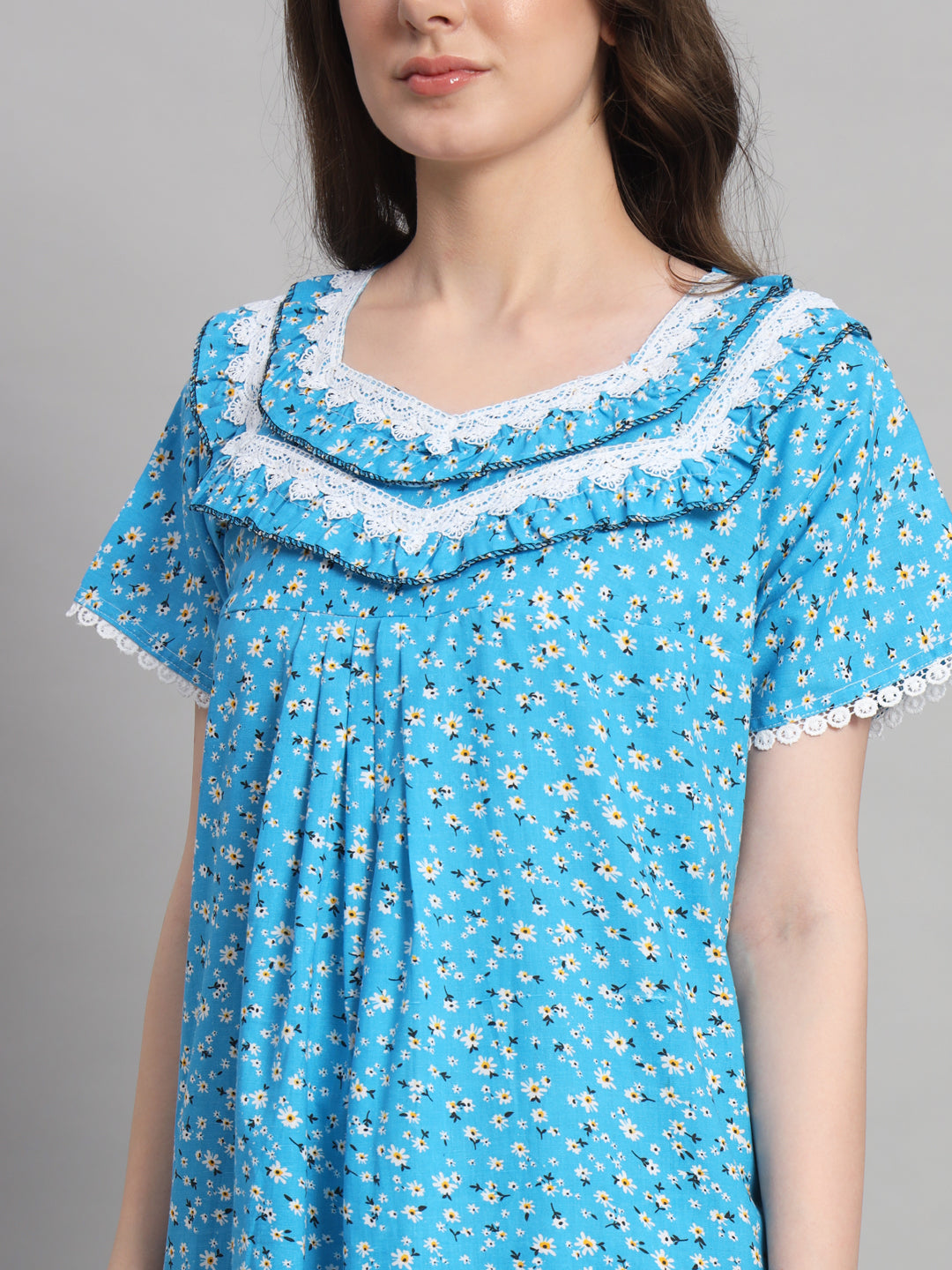 💙 Sky Blue Floral Printed Cotton Night Gown with Lace Neck – Comfortable Maxi Nightwear for Women