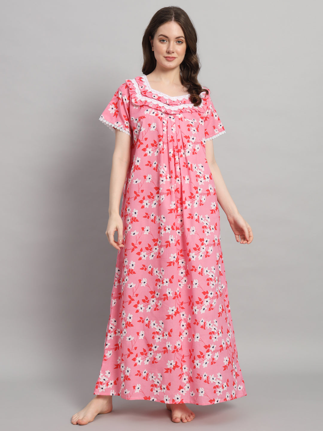 🌸 Pink Floral Printed Cotton Night Gown with Lace Neck – Comfortable Maxi Nightwear for Women