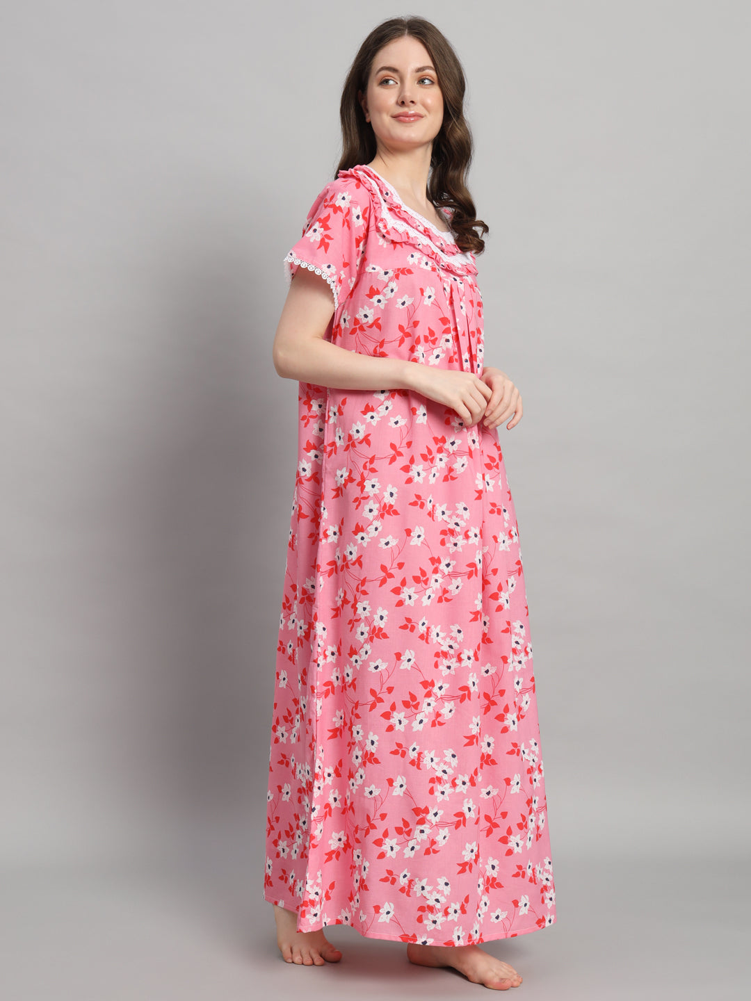 🌸 Pink Floral Printed Cotton Night Gown with Lace Neck – Comfortable Maxi Nightwear for Women