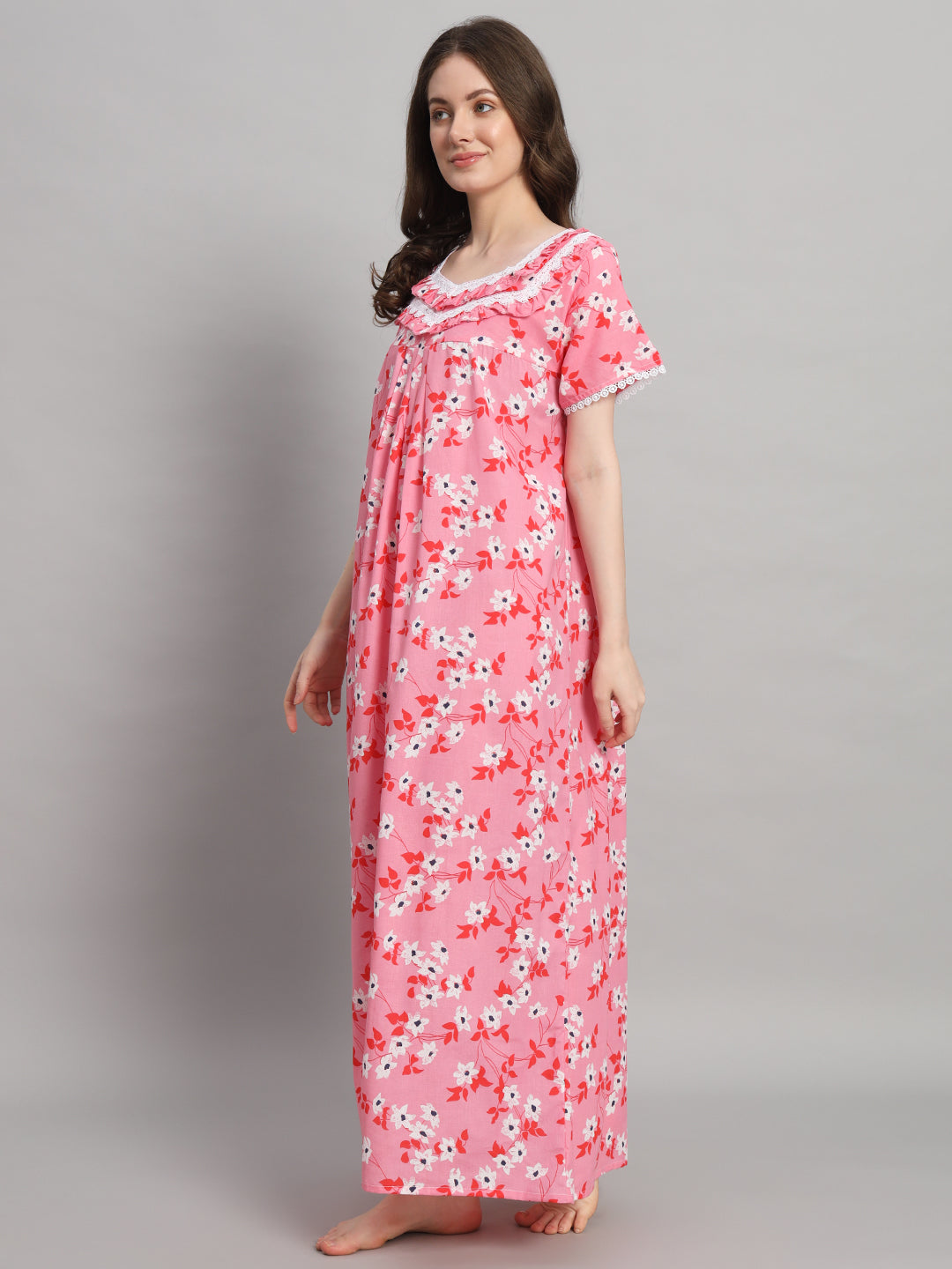 🌸 Pink Floral Printed Cotton Night Gown with Lace Neck – Comfortable Maxi Nightwear for Women
