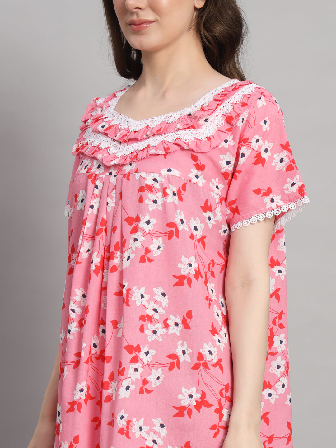 🌸 Pink Floral Printed Cotton Night Gown with Lace Neck – Comfortable Maxi Nightwear for Women