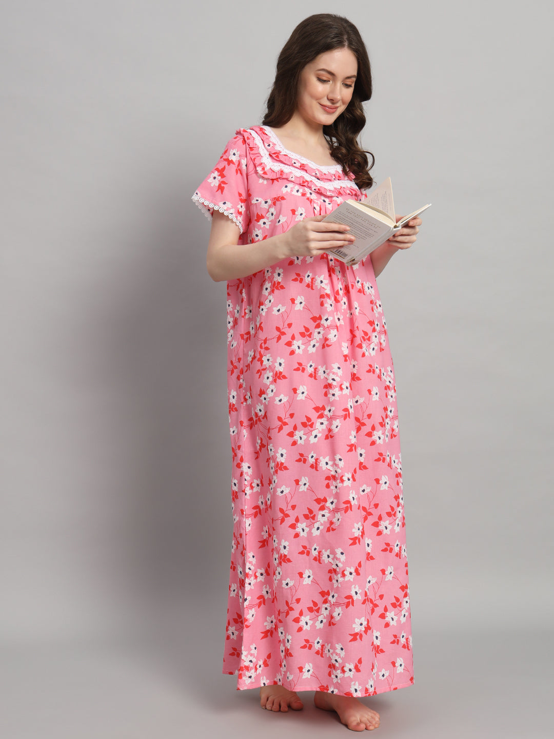 🌸 Pink Floral Printed Cotton Night Gown with Lace Neck – Comfortable Maxi Nightwear for Women