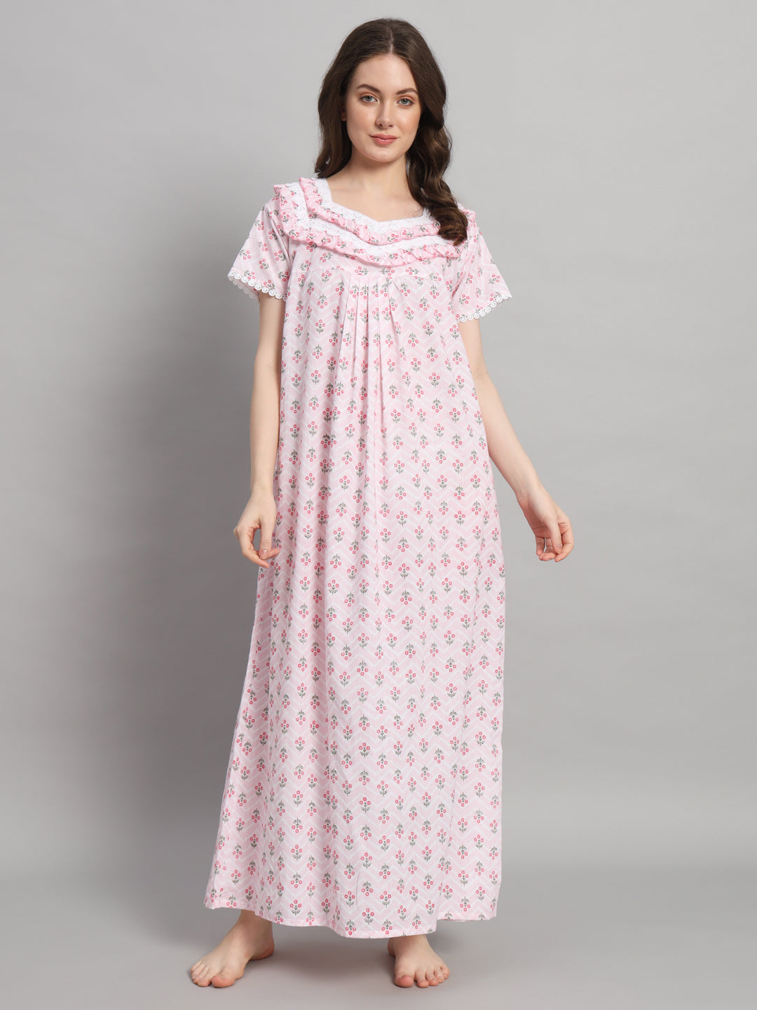🌸 Light Pink Printed Cotton Night Gown with Lace Neck – Comfortable Maxi Nightwear for Women