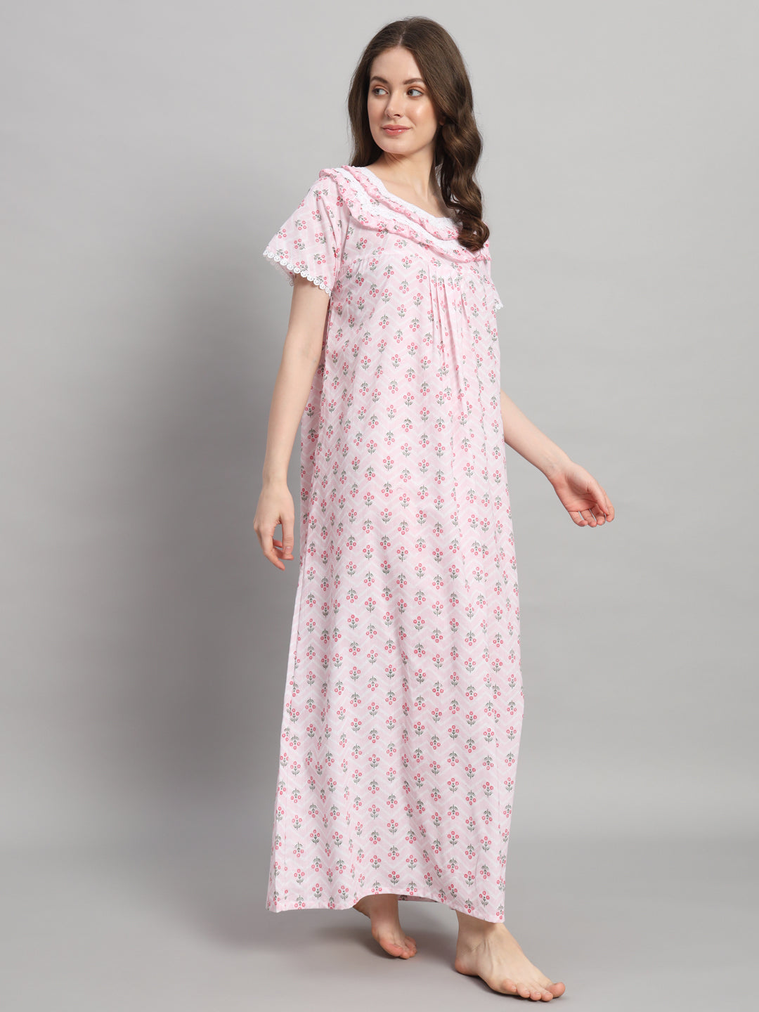 🌸 Light Pink Printed Cotton Night Gown with Lace Neck – Comfortable Maxi Nightwear for Women