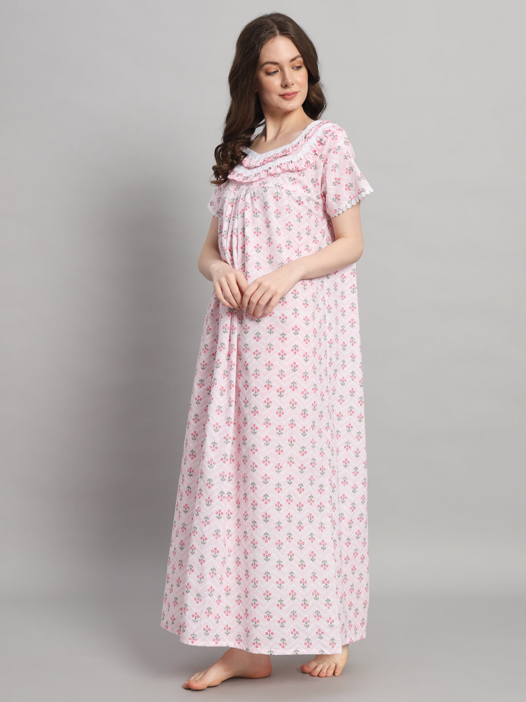 🌸 Light Pink Printed Cotton Night Gown with Lace Neck – Comfortable Maxi Nightwear for Women