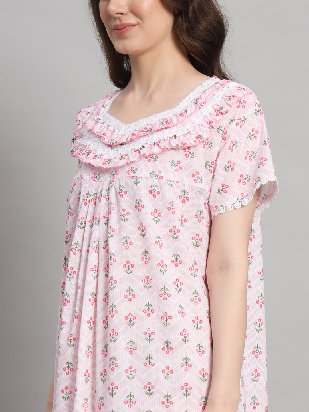 🌸 Light Pink Printed Cotton Night Gown with Lace Neck – Comfortable Maxi Nightwear for Women