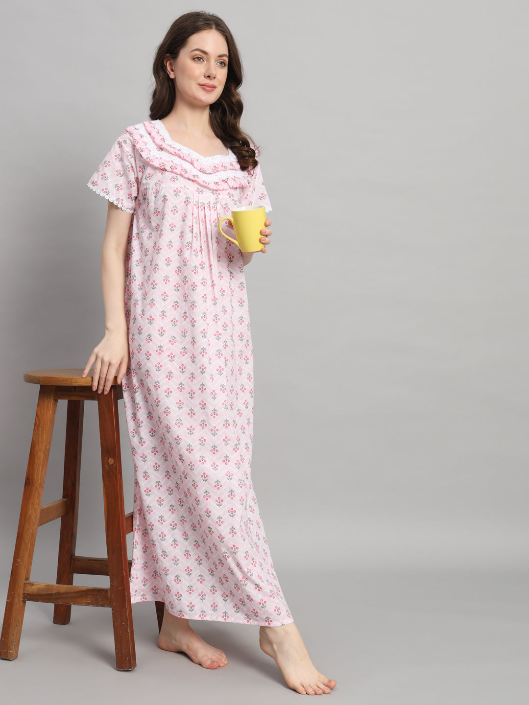 🌸 Light Pink Printed Cotton Night Gown with Lace Neck – Comfortable Maxi Nightwear for Women