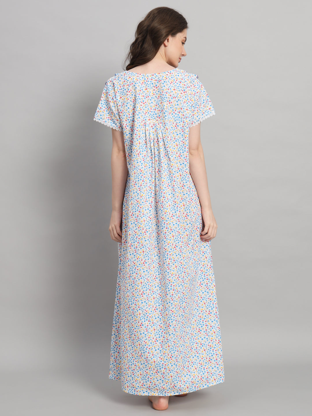 White Floral Printed Cotton Night Gown for Women