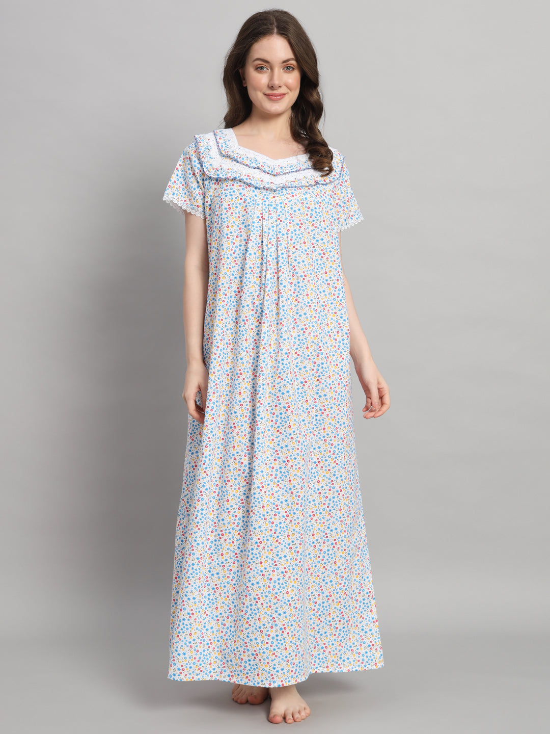 White Floral Printed Cotton Night Gown for Women