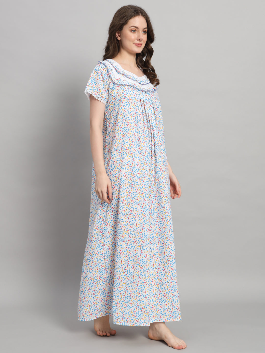 White Floral Printed Cotton Night Gown for Women