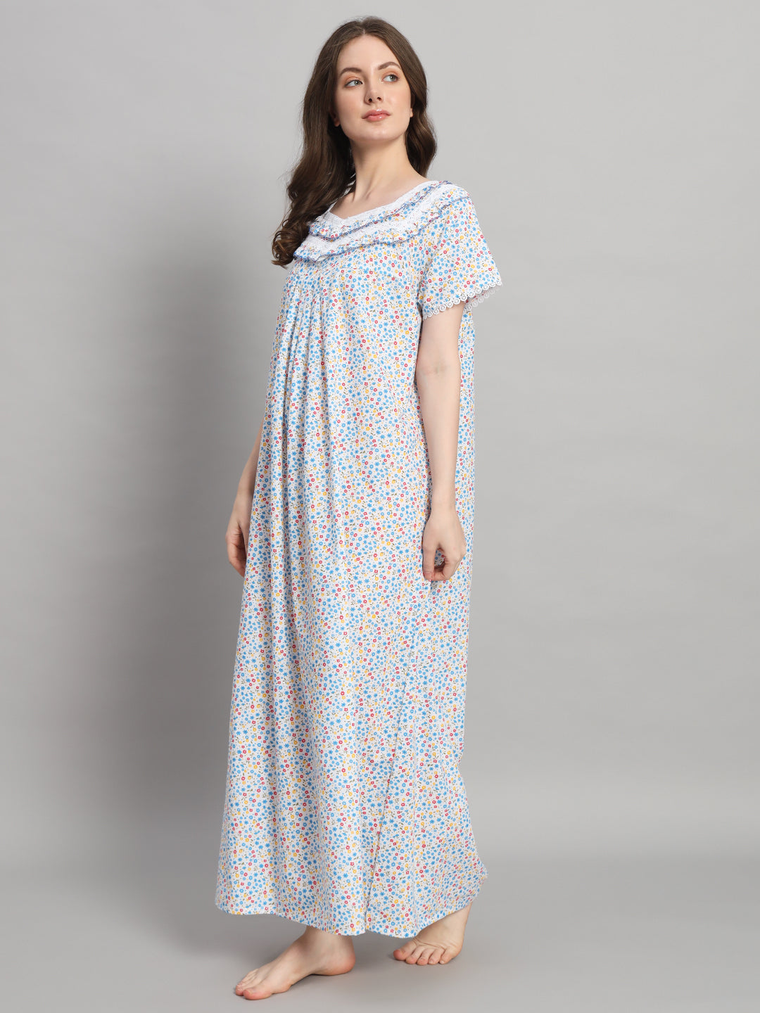 White Floral Printed Cotton Night Gown for Women