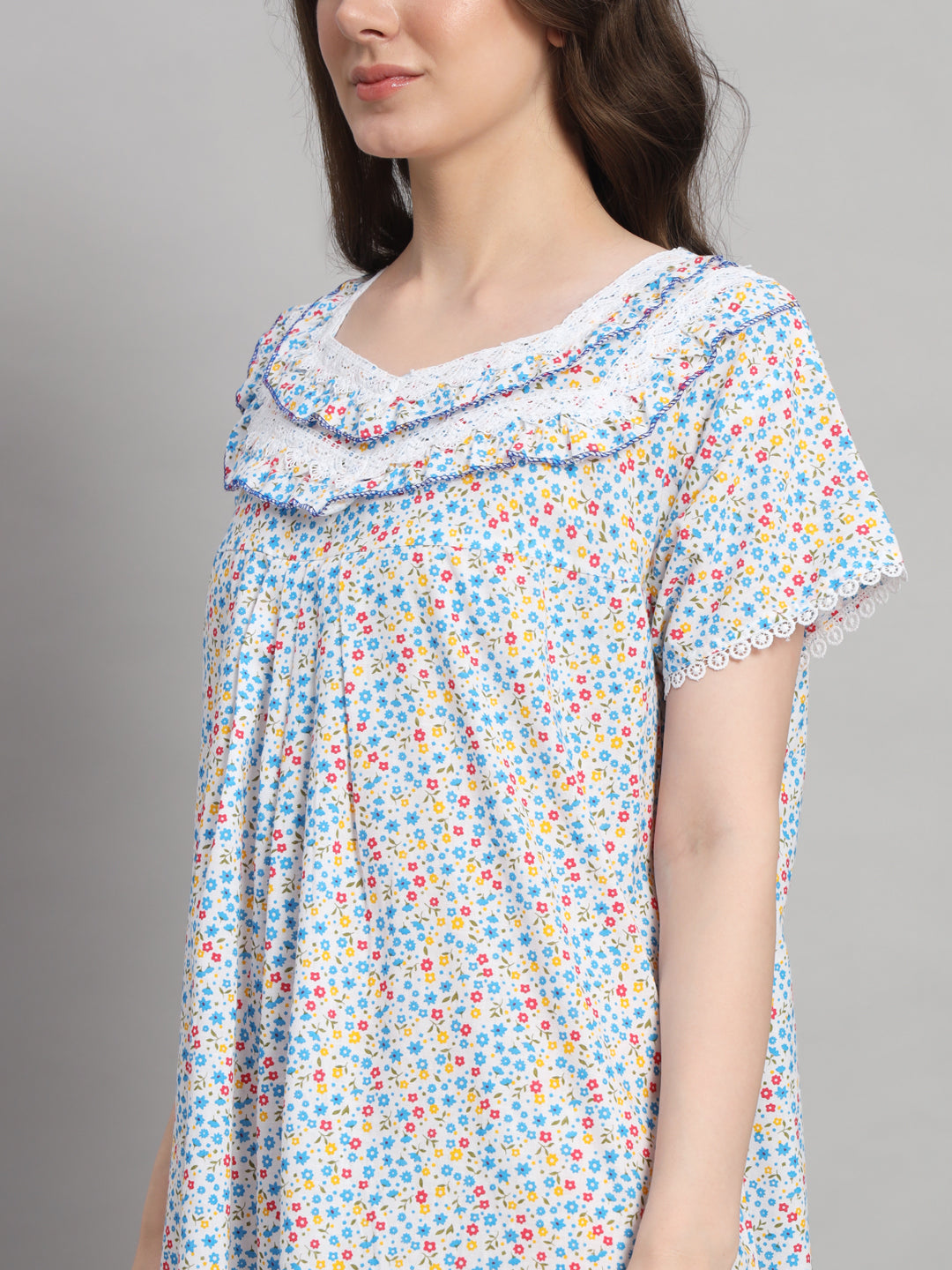 White Floral Printed Cotton Night Gown for Women