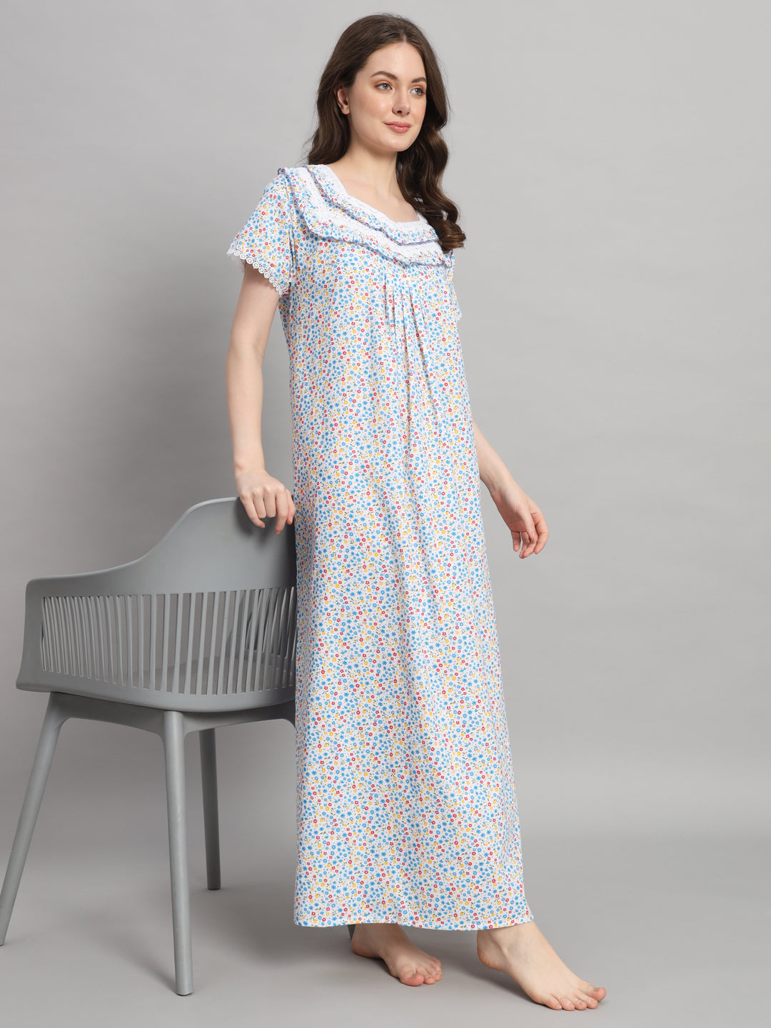 White Floral Printed Cotton Night Gown for Women