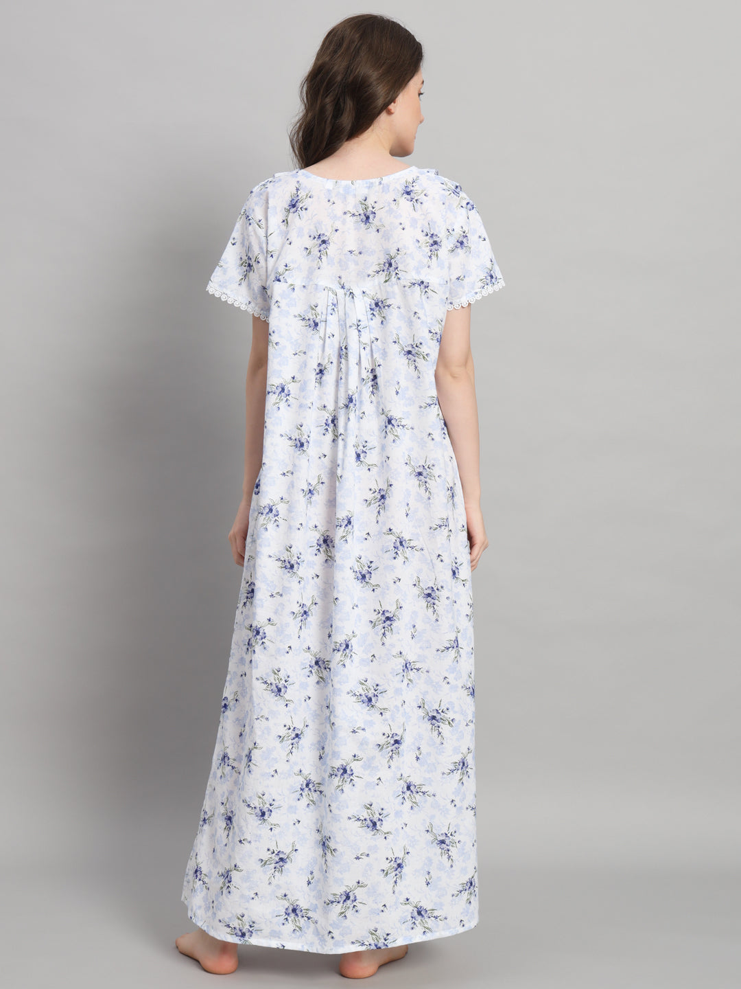 Light Blue Floral Printed With Lace Neck Cotton Night Gown– Comfortable Maxi Nightwear for Women