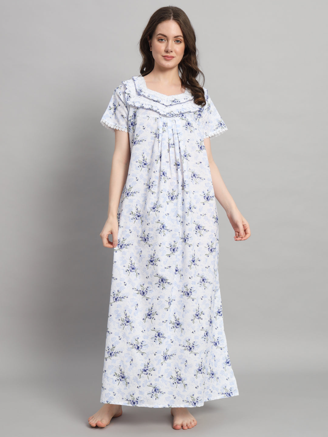 Light Blue Floral Printed With Lace Neck Cotton Night Gown– Comfortable Maxi Nightwear for Women