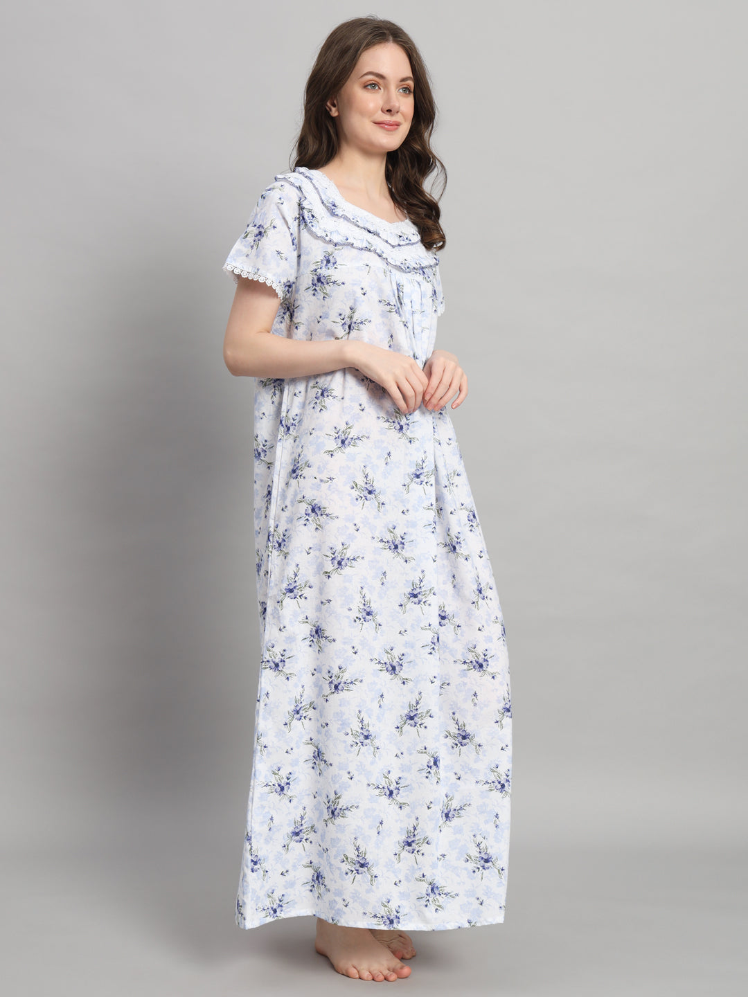 Light Blue Floral Printed With Lace Neck Cotton Night Gown– Comfortable Maxi Nightwear for Women