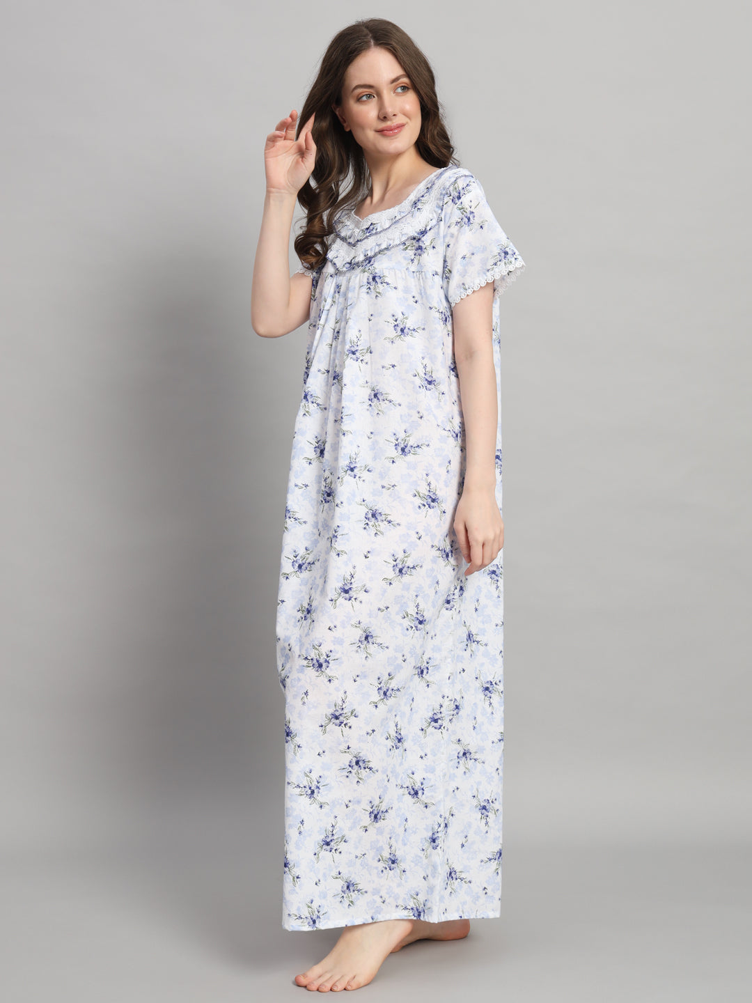Light Blue Floral Printed With Lace Neck Cotton Night Gown– Comfortable Maxi Nightwear for Women
