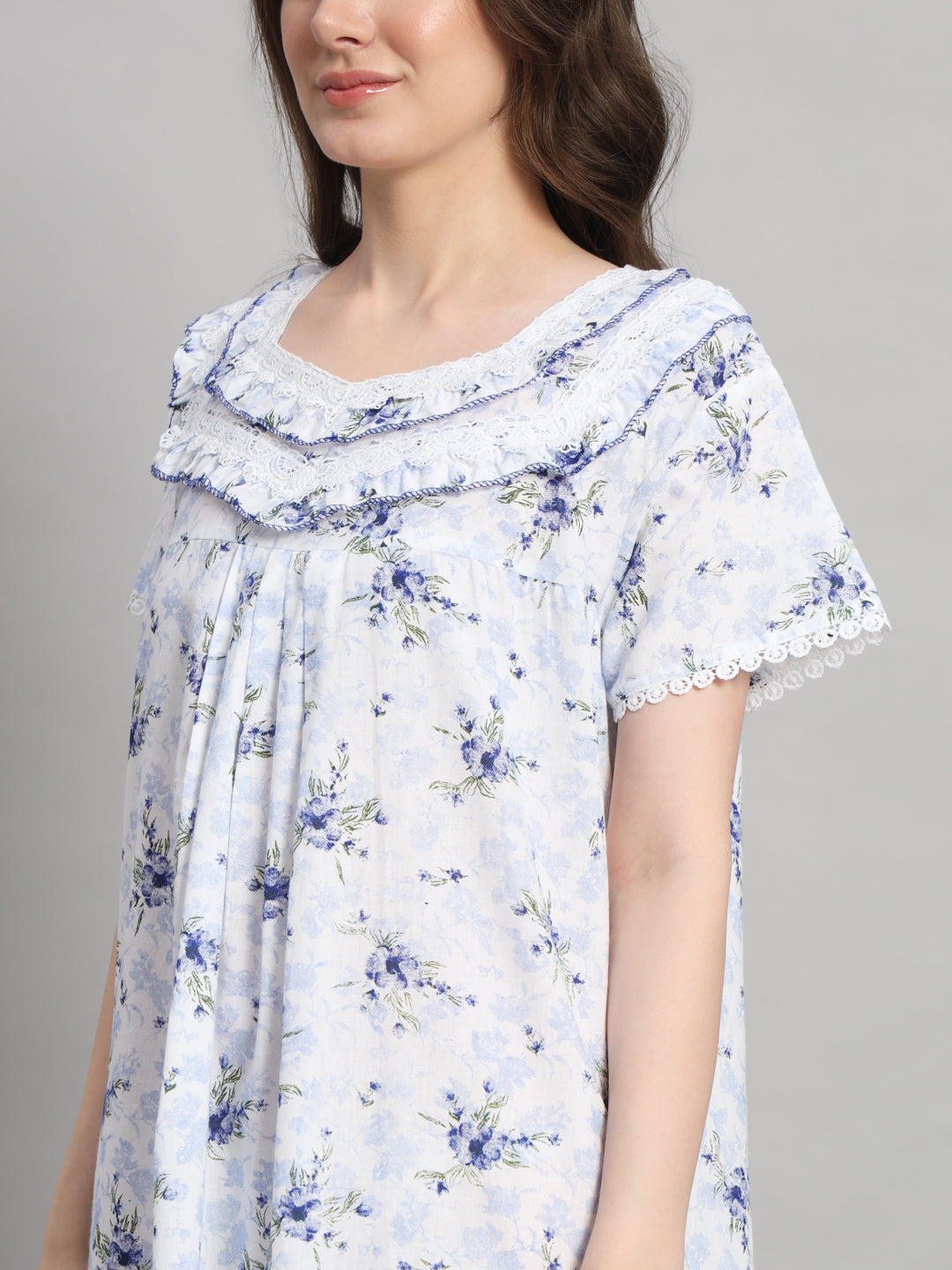 Light Blue Floral Printed With Lace Neck Cotton Night Gown– Comfortable Maxi Nightwear for Women