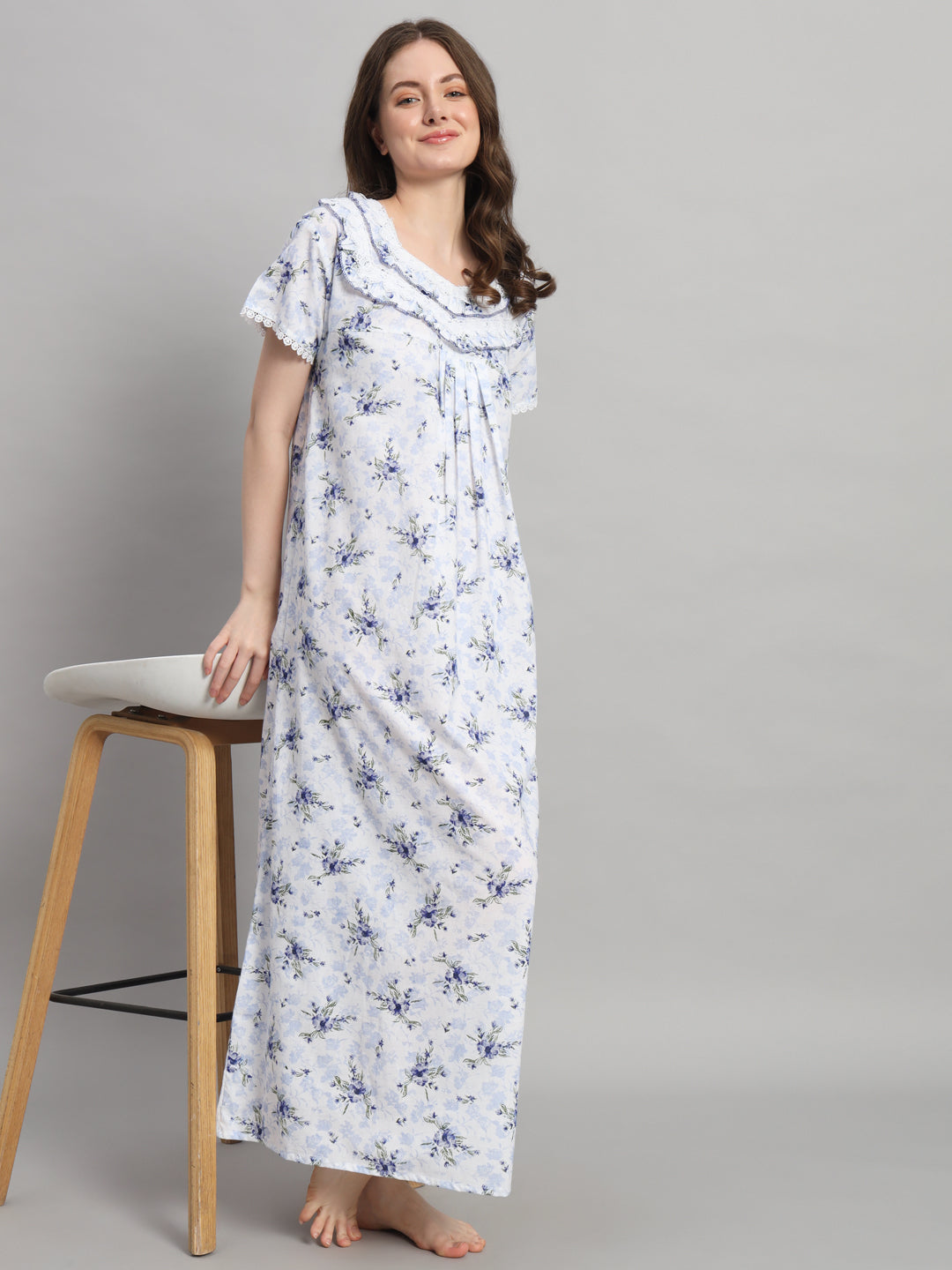 Light Blue Floral Printed With Lace Neck Cotton Night Gown– Comfortable Maxi Nightwear for Women