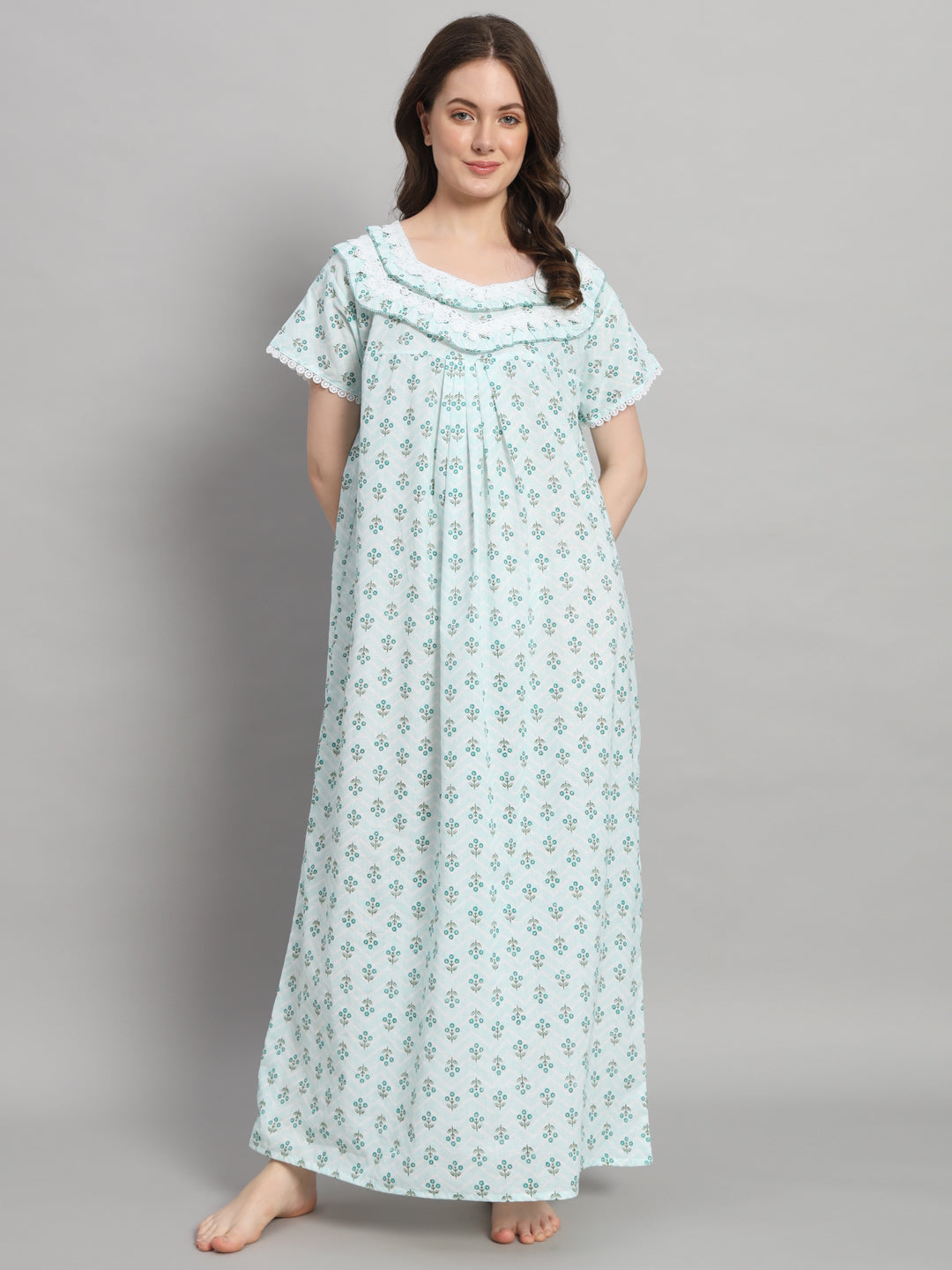 💚 Light Green Printed Cotton Night Gown with Lace Neck – Comfortable Maxi Nightwear for Women