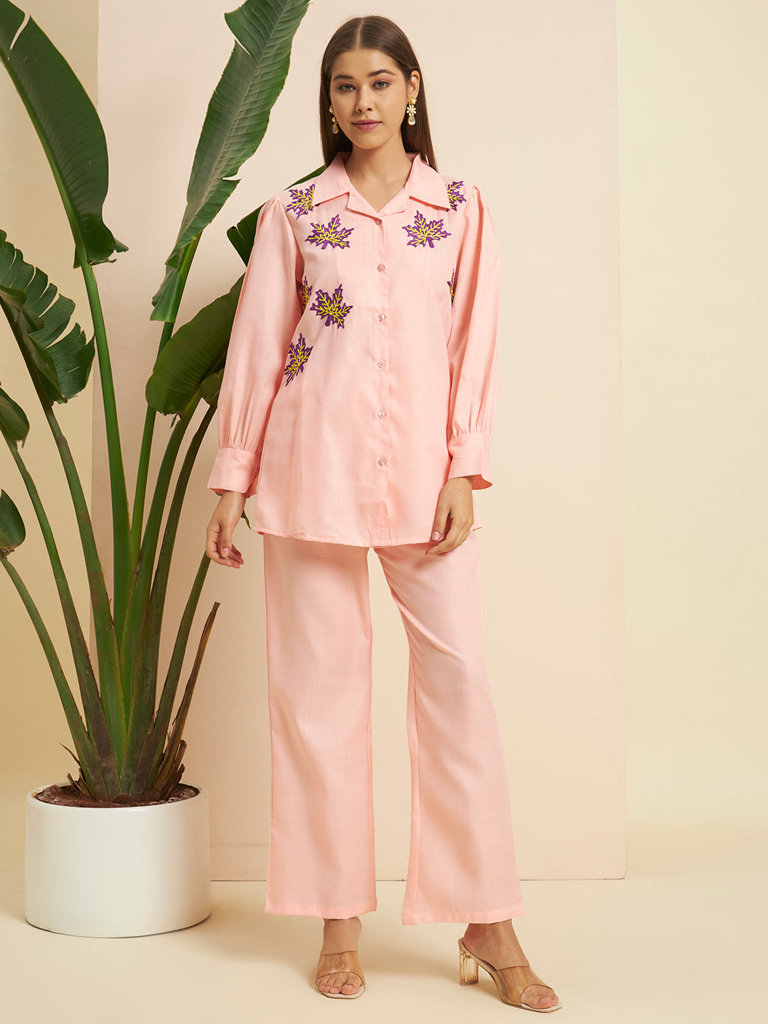 🌸 Women’s Peach Embroidered Night Suit Co-Ord Set