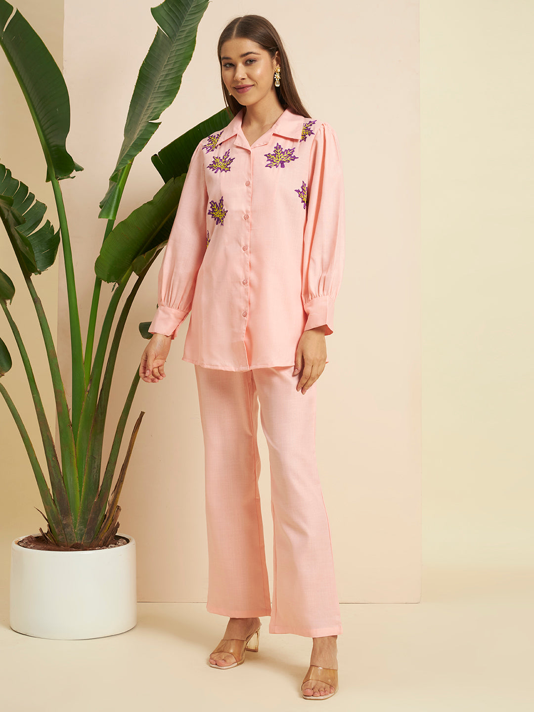 🌸 Women’s Peach Embroidered Night Suit Co-Ord Set