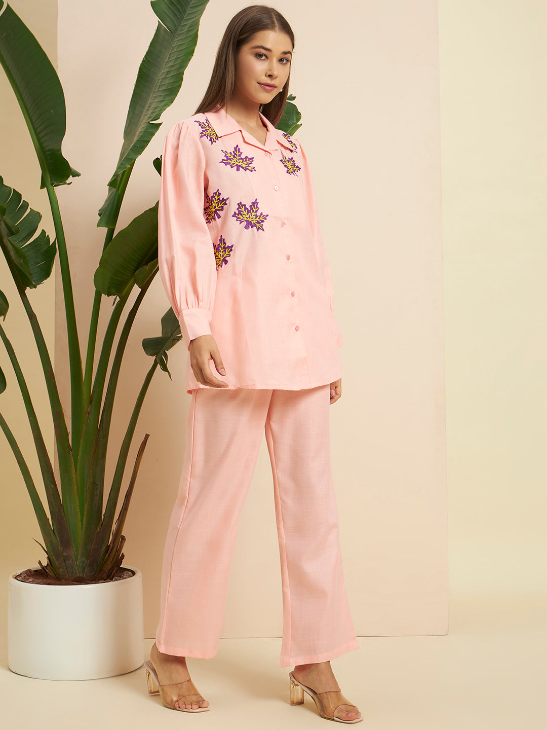 🌸 Women’s Peach Embroidered Night Suit Co-Ord Set