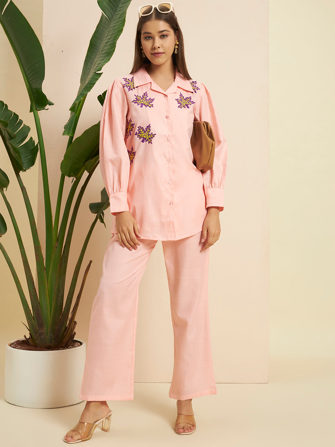 🌸 Women’s Peach Embroidered Night Suit Co-Ord Set