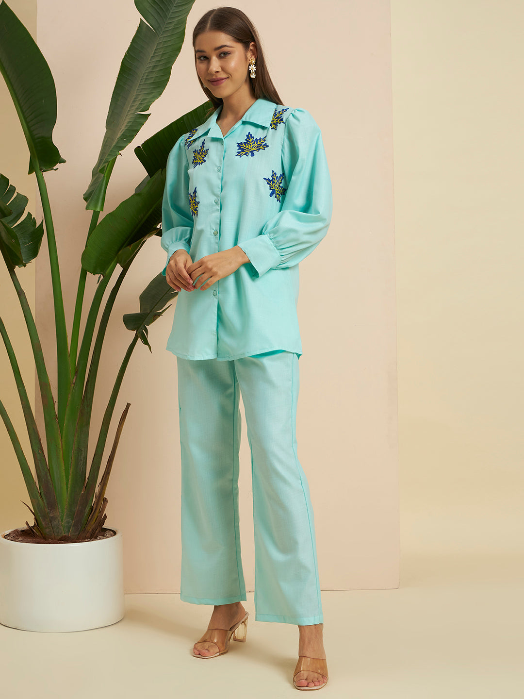 Mint Green Embroidered Printed Co-Ord Set for Women