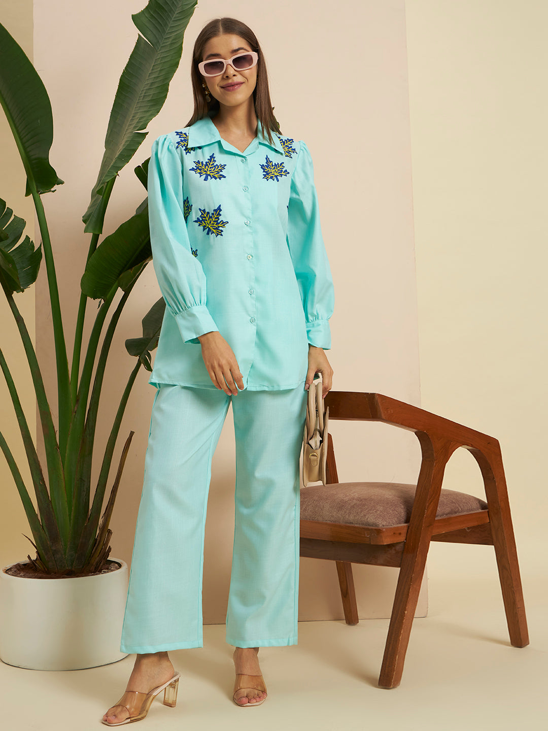 Mint Green Embroidered Printed Co-Ord Set for Women
